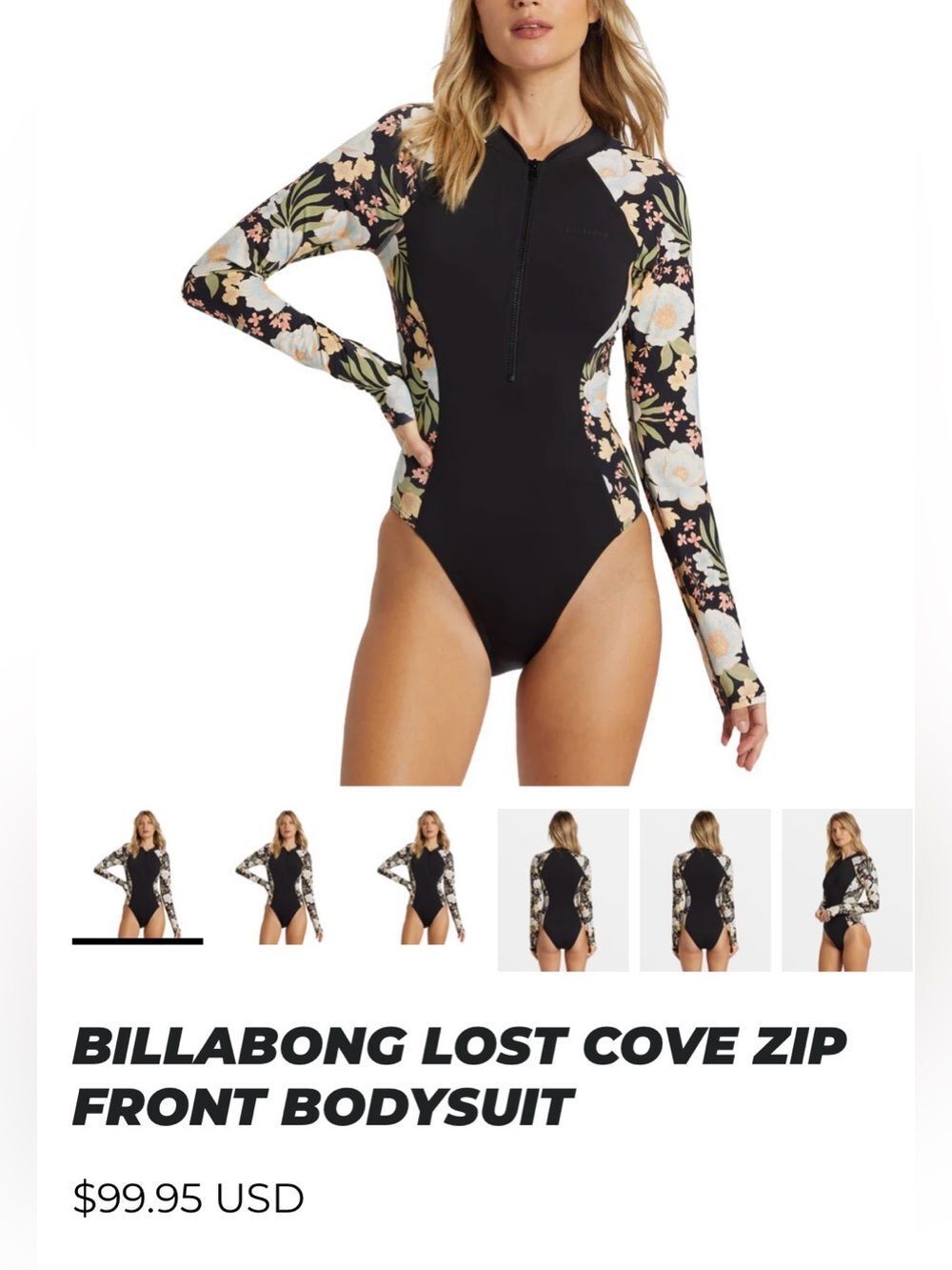 Billabong Lost Cove Zip Front Bodysuit Rashguard Swimsuit Floral Size Small - Picture 3 of 8